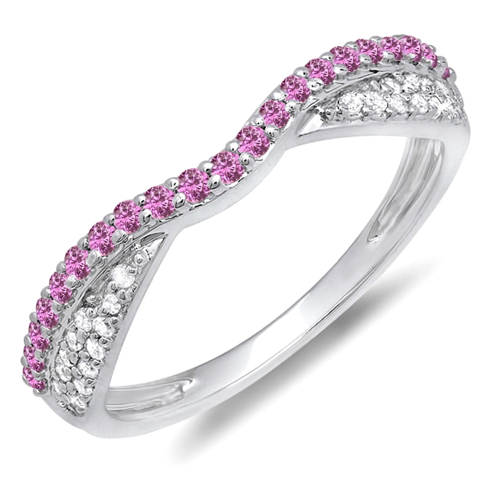 Dazzlingrock Collection 14K Gold Round Pink Sapphire & Diamond Ladies Vintage Style Stackable Wedding Band