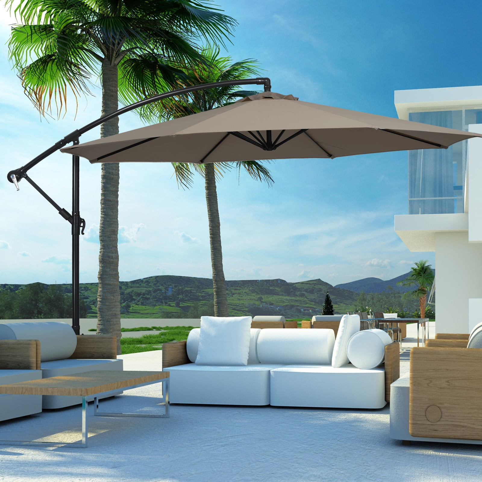 Patiojoy 10FT Patio Offset Umbrella 8 Ribs Cantilever Umbrella w/Crank for Poolside Yard Lawn Garden Coffee