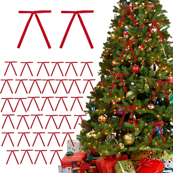 36 Pcs Velvet Christmas Tree Bow Ornaments – Luxury Red Bow Tie Decorations for Tree, Wreath, Gift Boxes & Holiday Decor