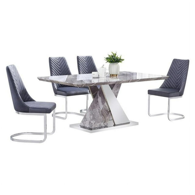 Faux White Marble Dining Set with Chairs and Silver Stainless Steel