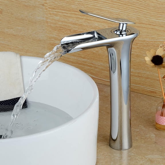Waterfall Bathroom Faucet, Solid Brass, Hot and Cold Water Mixer Tap, Waterfall Single Handle Bathroom Sink Faucet, Chrome Plated, High