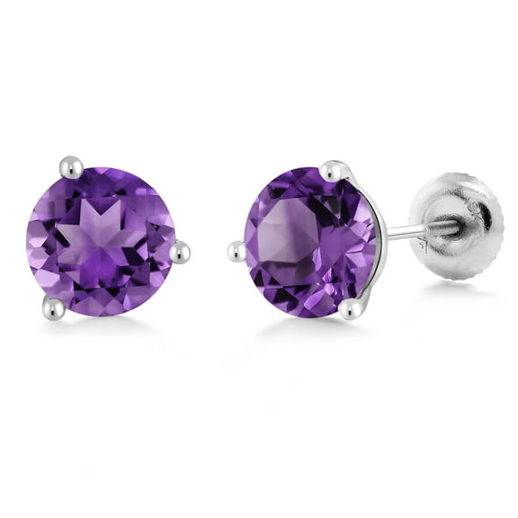 Gem Stone King 18K White Gold Purple Amethyst 3-Prong Martini Stud Earrings for Women Men (2.00 Cttw, Gemstone Birthstone, Round 6MM)