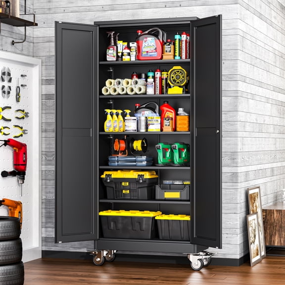 Erosoei 75"H Metal Garage Storage Cabinet with Wheels, Tool Storage Cabinet with 5 Adjustable Shelves