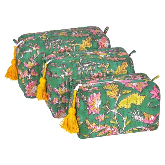 Vivanta Quilted Floral Block Print Makeup Bag Set of 3 – Cotton Travel Toiletry and Makeup Organizer, Cosmetic Pouch, Toiletry Bag for Women, Cute Boho Coquette Make Up Bags for Women