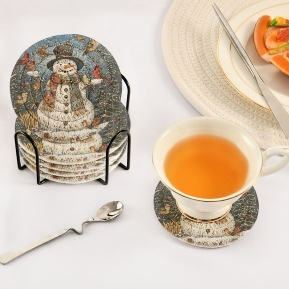BZSMCE 6Pcs Drink Coasters With Holder 3.94Inch Whimsical Snowman Printing Creative Coil Coaster Coasters Colors Absorbent Coasters for Drinks Coasters Set Thicken Heat for Home Table