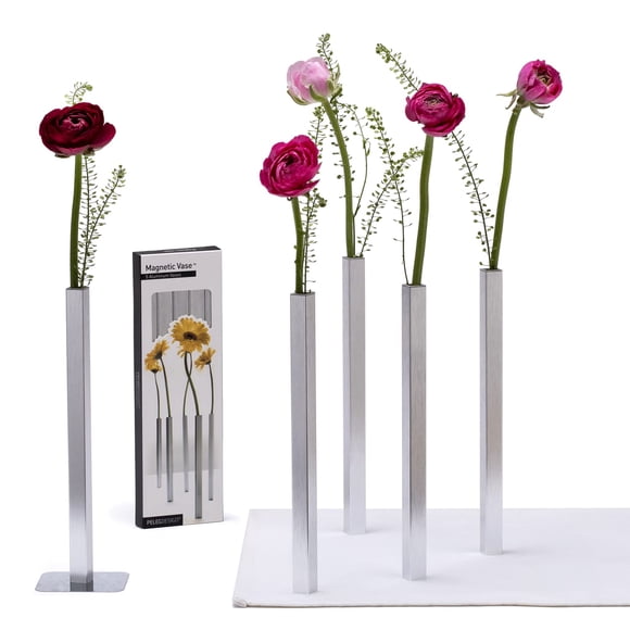 PELEG DESIGN Ensemble de Vases à Bourgeons Magnétiques (Argent) - Cadeau de Décoration Intérieure Unique & Centre de Table Moderne - 5 Vases à Tige Unique en Aluminium