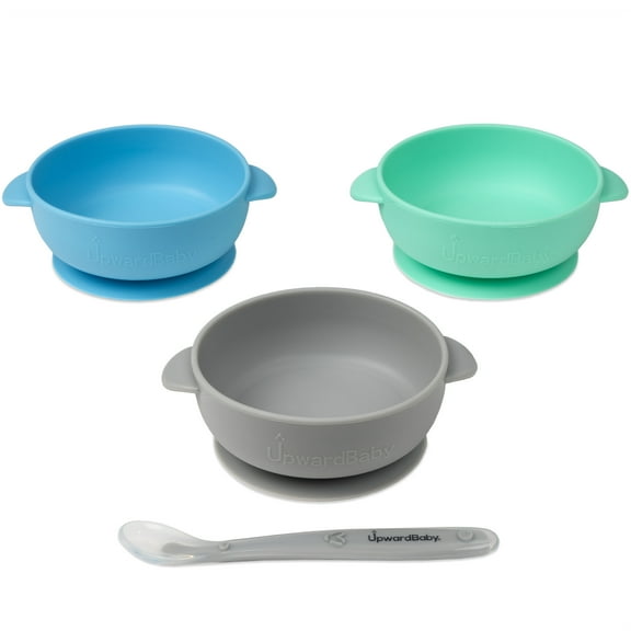 UpwardBaby Bowls with Suction - 4 Piece Set with Spoon - BPA Free - 100% Food-Grade Silicone - 6m+ - Green, Blue, Gray