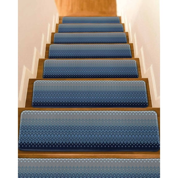 Blue Grey Ombre Geometric Stair Treads for Wooden Steps Indoor Runner Rug Carpet, Modern Abstract Art 15 Pieces Peel and Stick Staircase Step Treads Covers Washable Throw Door Mats, 30"x8"