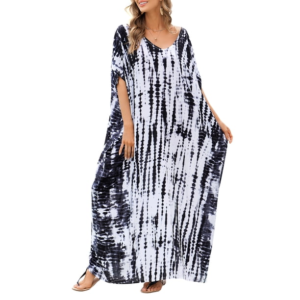 Vestido, Vestido maxi de gran tamaño para mujer Tie Die Printed V Neck Beach Robe Cover Ups Tomshoo Negro