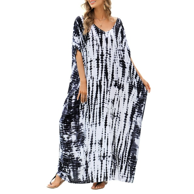 Abody Femmes Oversize Maxi Robe Cravate Die Imprimé V Robe de Plage Cover Ups