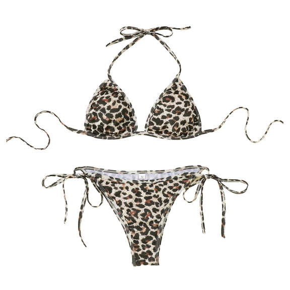 DHFJKG Bikini Sets For Women Leopard Printed 2 Piece Swimsuit Sets Side Tie Halter Triangle Top Thong Bottoms Summer Pool Party Outfit Trendy Beachwear