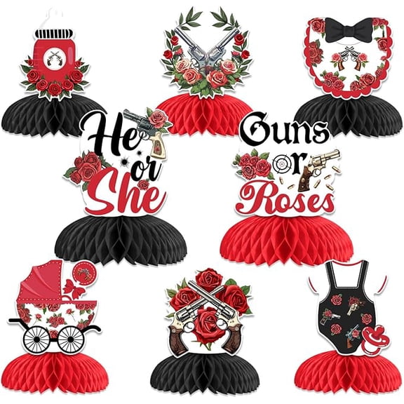 Guns or Roses Gender Reveal Decorations 8Pcs Guns or Roses Gender Reveal Honeycomb Centerpieces He or She What Will Baby Be Table Decor Boy or Girl Decor for Red and Black Baby Shower