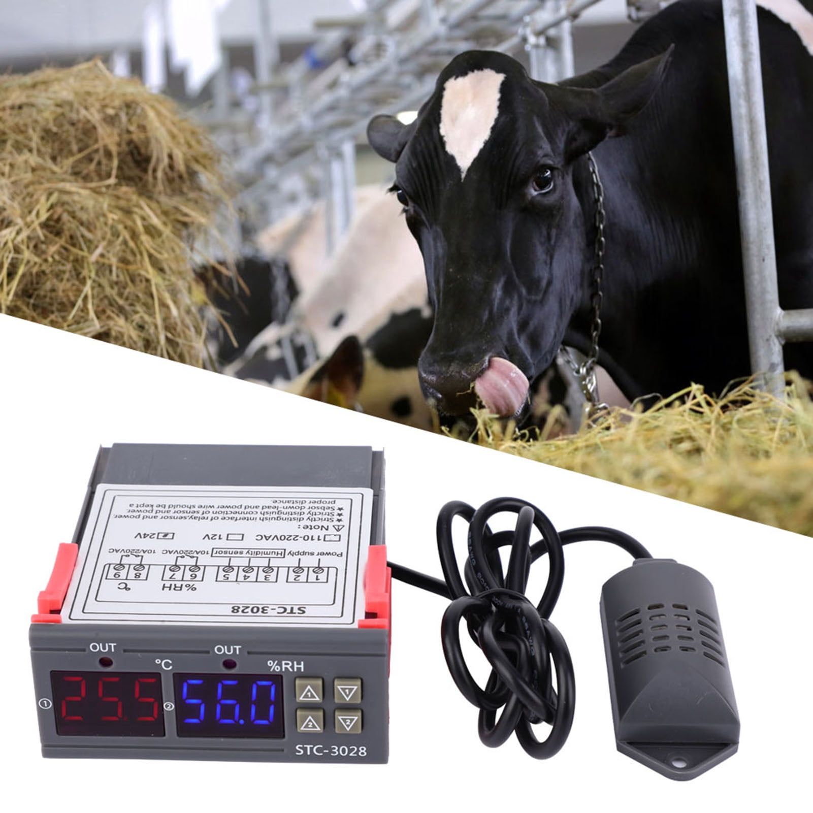 STC-3028 Digital Display Temperature and Humidity Controller Meter with Integrated Sensor (24V)