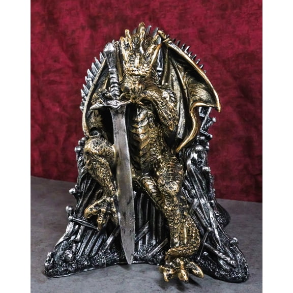 Bronzite Dragon Sitting On Iron Throne Of Swords With Valyrian Blade Figurine