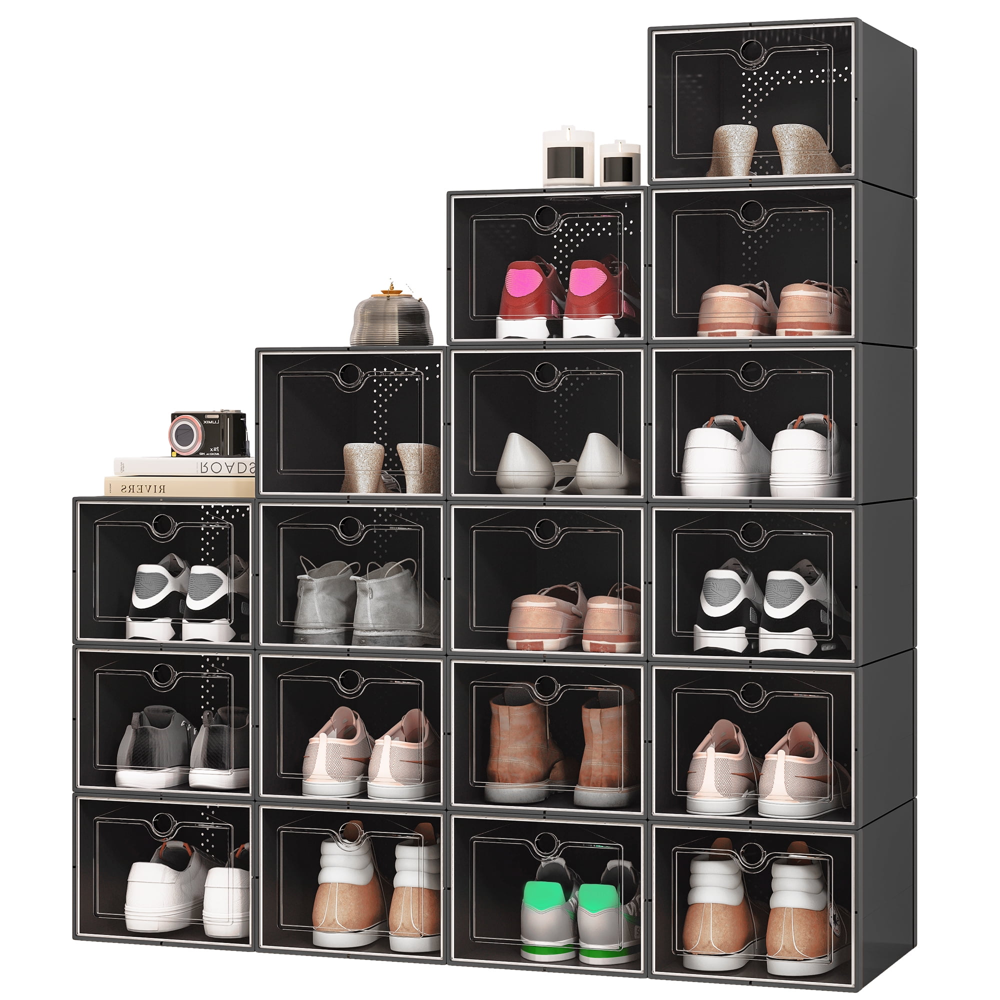 Uforic XL Shoe Storage Box, 18 Pack Stackable Clear Plastic Shoe Organizer Box with Lids,for Entryway Hallway, Black