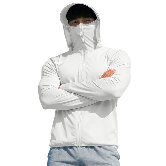 qelini Sun Protection Shirts for Men Long Sleeve Pullover Sun Shirt with Face Mask Hooded Solid Color Sun Resistant Jacket for Outdoor