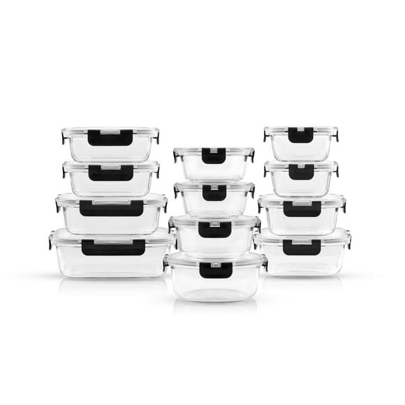 JoyFul by JoyJolt 24 Piece Glass Storage Containers with Leakproof Lids Set - Black