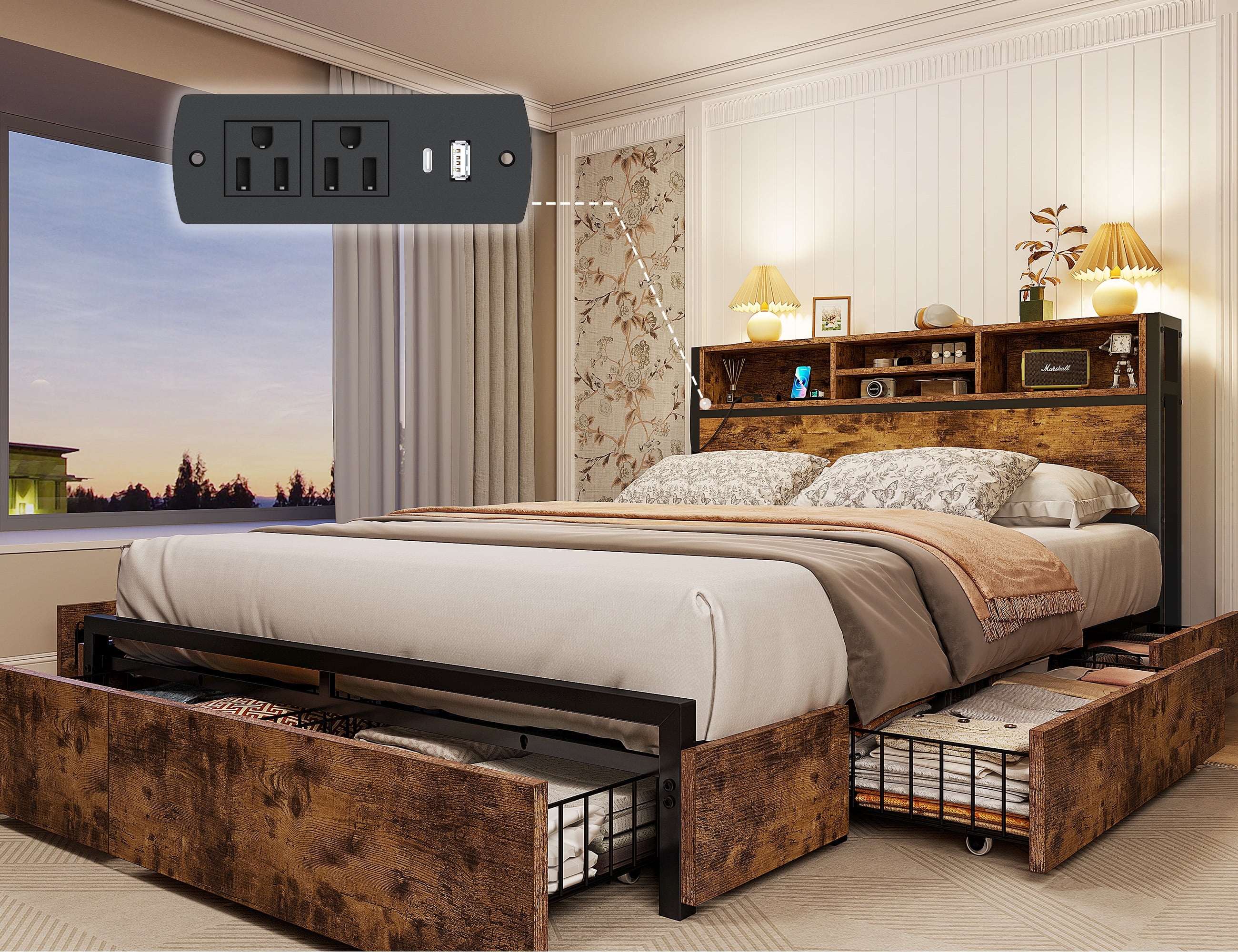 EnHomee Full Bed Frame with Headboard Metal Bed Frame with 6 Storage Drawers &  Charge Station