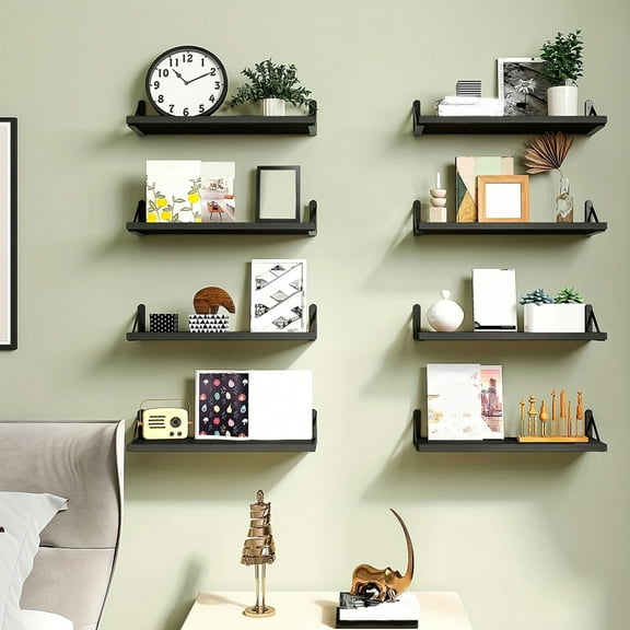Fairy 8pcs Floating Shelves for Wall, Rustic Wood Wall Shelves, 15.8x4.7 inches, Black