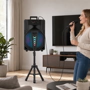 Dazone Portable 15 Bluetooth Speaker Reachargeable Subwoofer Heavy Bass Party PA System, Trolley Stereo Tailgate, With Handle, Wheels, Microphone, Remote, FM Radio Karaoke DJ RGB LED Light
