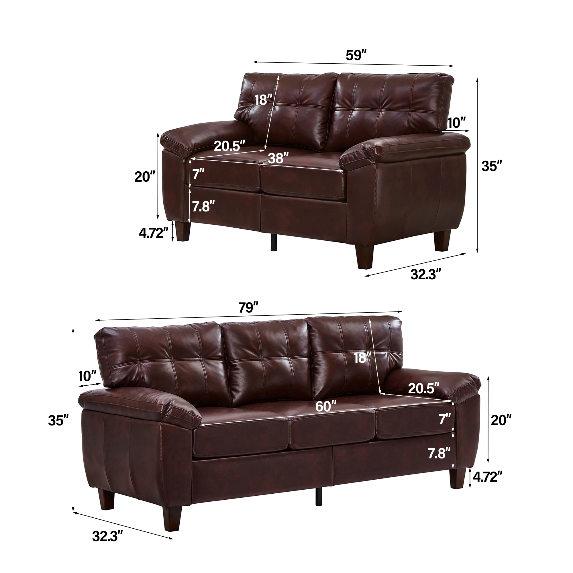 Aukfa 2-Piece PU Leather Sofa Set, Vintage 3-Seater Couch and Loveseat with Storage Space, Upholstered Living Room Furniture Set, Burgundy