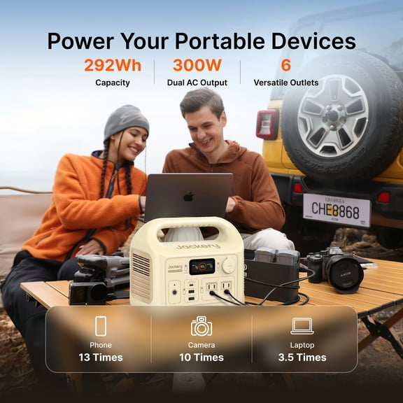 Jackery E300New Sand Gold 293Wh Portable Power Station, 300W LiFePO4 Battery for Camping, Travel & Backup