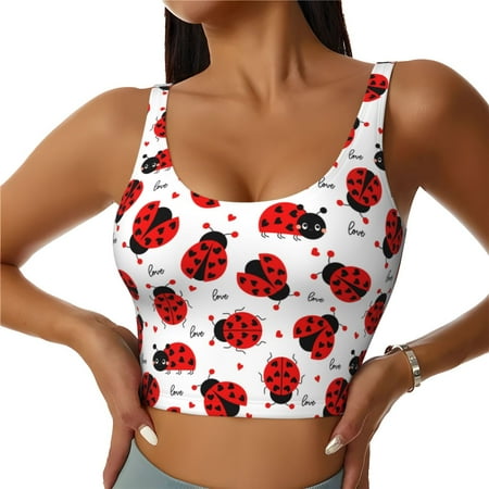 Qokaie Ladybug And Heart Pattern Womens Scoop Neck Sports Bra Breathable Workout Vest Padded U Back Medium Impact Fitness Gym Yoga Bra Workout Crop Top-Large