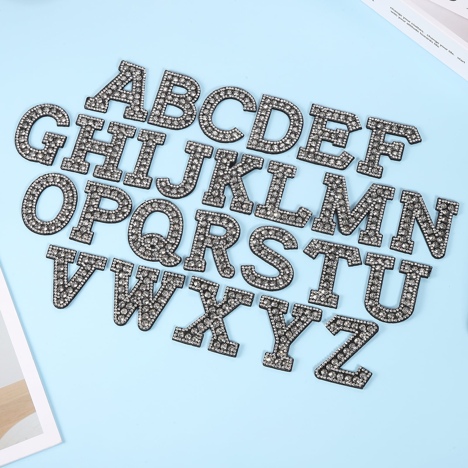 Uxcell 26pcs Letter Iron on Patch Decorative A-Z, Transparent Black Glitter Pearl Alphabet Applique Rhinestone English Letter for DIY Clothing Repair Hat Bag