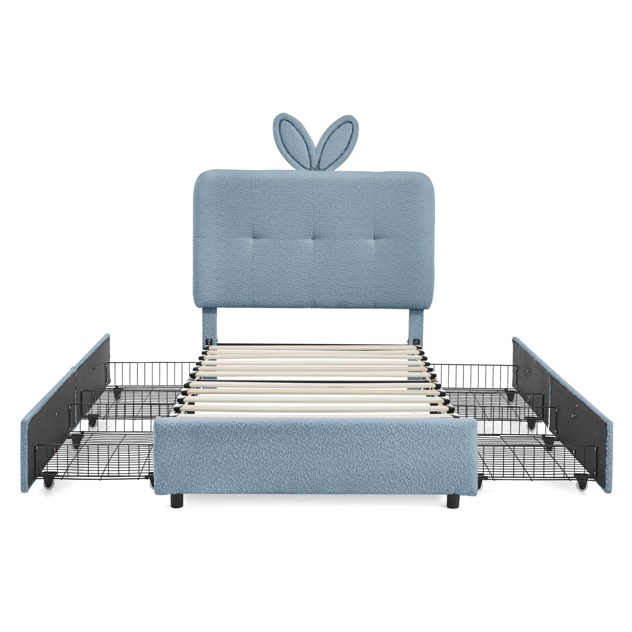 Noble House Bertis Twin Size Boucle Kids Bed, Rabbit Ear Headboard Bed Frame with LED Light and Storage Drawers, Navy