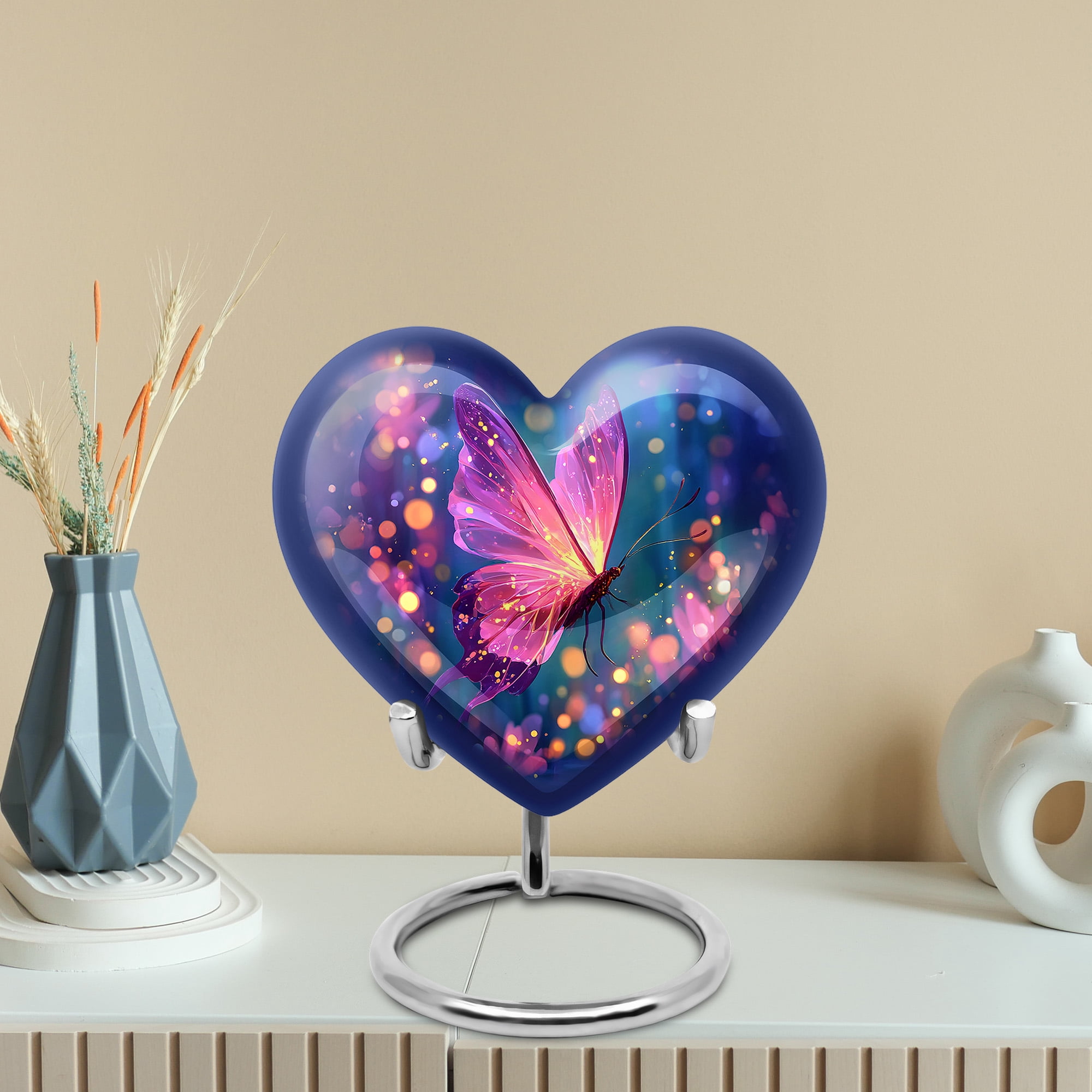 MUKTIVE Purple Butterfly Funeral Urns for Adult Ashes Men & Women, Small Urn for Ashes for Mom Cremation 3 inch, Keepsake Heart Adult Urn for Burial, Handmade Urns for Male & Female