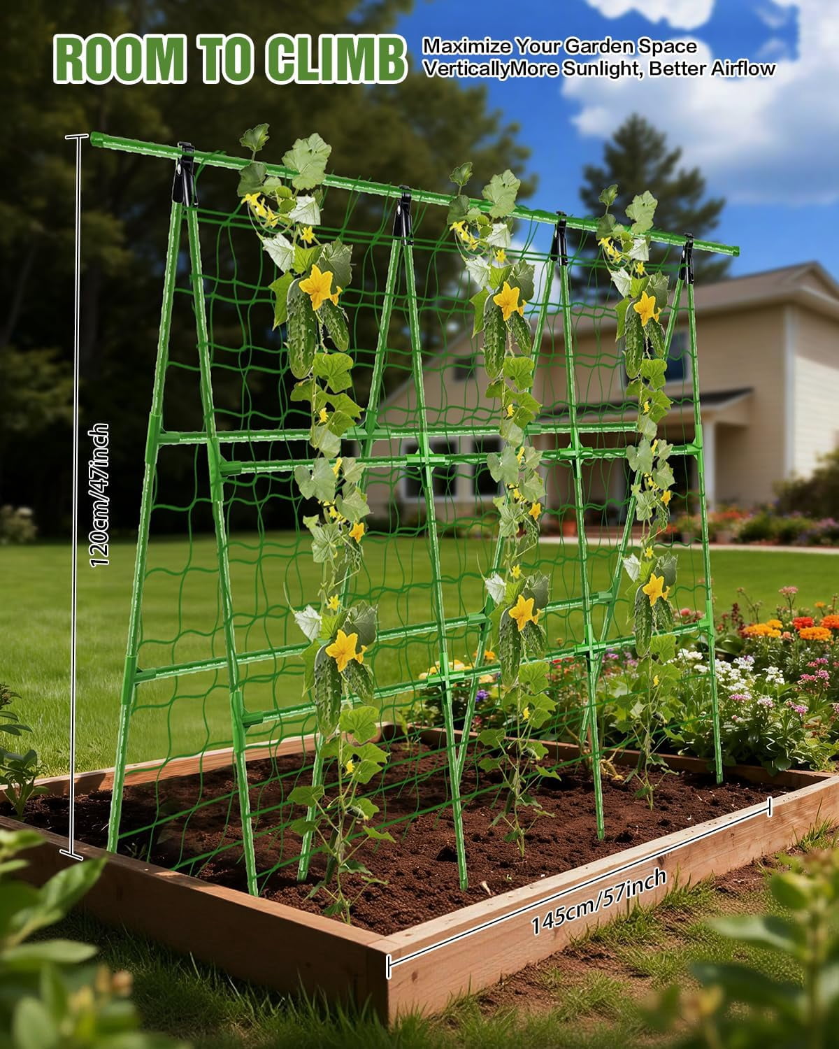 A-Frame Cucumber Trellis for Raised Beds, 47" Hx 57" L Adjustable Size, Garden Trellis for Climbing Plant Outdoors with Climbing Net and Plant Support Clip for Vegetable Vine Pea Bean Tomato
