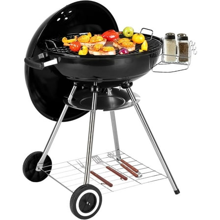 THJTDH Grill, 22 inch Stainless Steel BBQ Charcoal with Wheels and Storage Holder for Camping Picnic Barbecue Party Outdoor