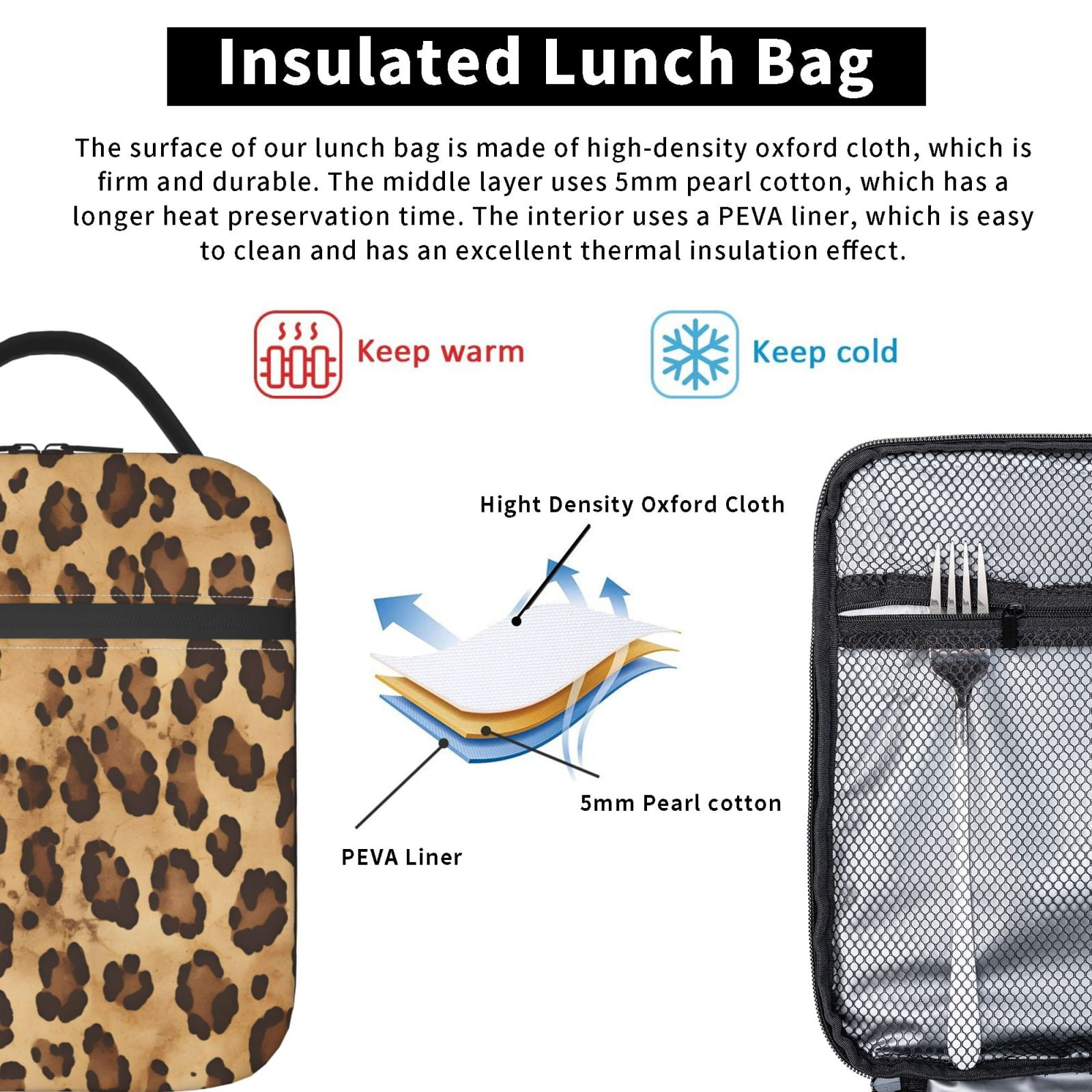 Lunch Bag For Women Men Insulated Portable Lunch Box Bento Box Office Picnic Travel Cooler Bag Leopard Skin Print Style Firebrick_4