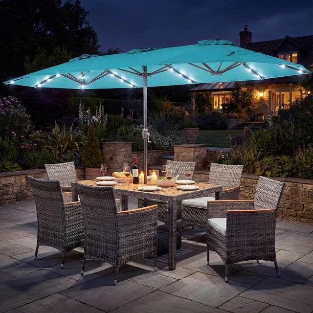 Costway 8 PCS Outdoor Wicker Dining Furniture & Double-Sided Umbrella with Solar LED Lights Turquoise+Mix Gray