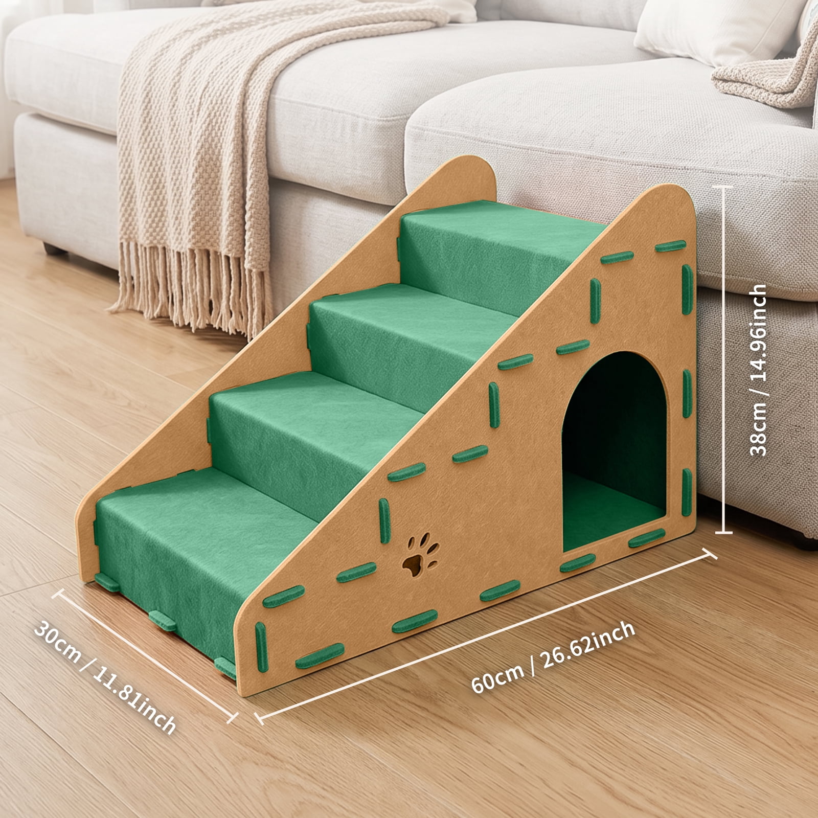 4‑Step Pet Steps for Small Cats, Stable Non‑Slip Pet Ramp Stairs, Portable Cat Steps for Couch, Bed, Car, Ideal for Puppies, Senior & Injured Small Pets, Green 60*30*38cm