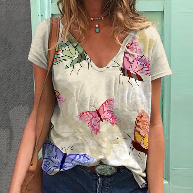 Pntutb Moda Mujer Causal Cuello en V Blusa Estampada Camiseta de Manga Corta Tops de Verano Pntutb Pntutb-2446