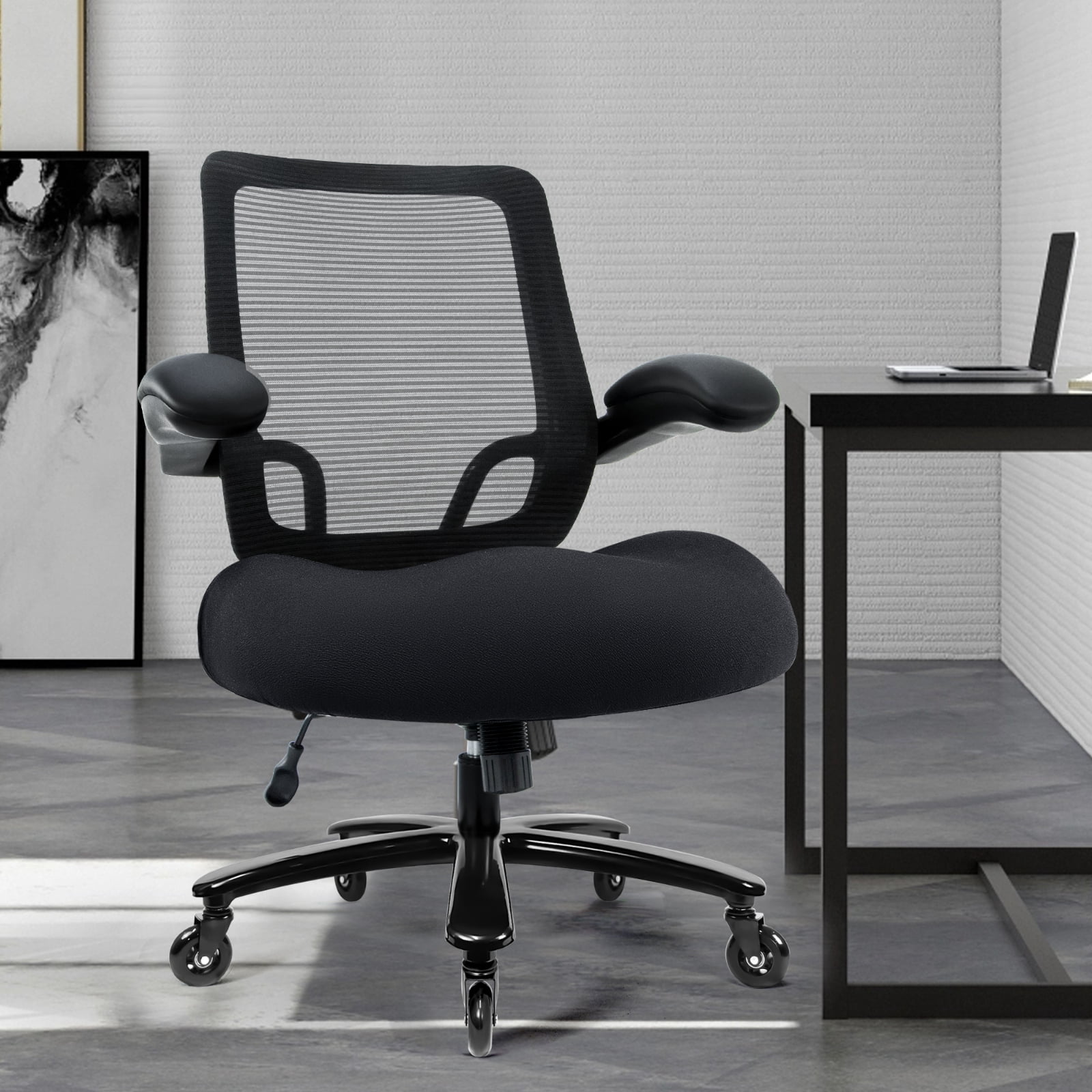 Big and Tall Office Chair 500 lbs, Heavy Duty Ergonomic Mesh Computer Chair with Wide Seat, Flip-up Armrests, Metal Base and Blade Wheels, Black