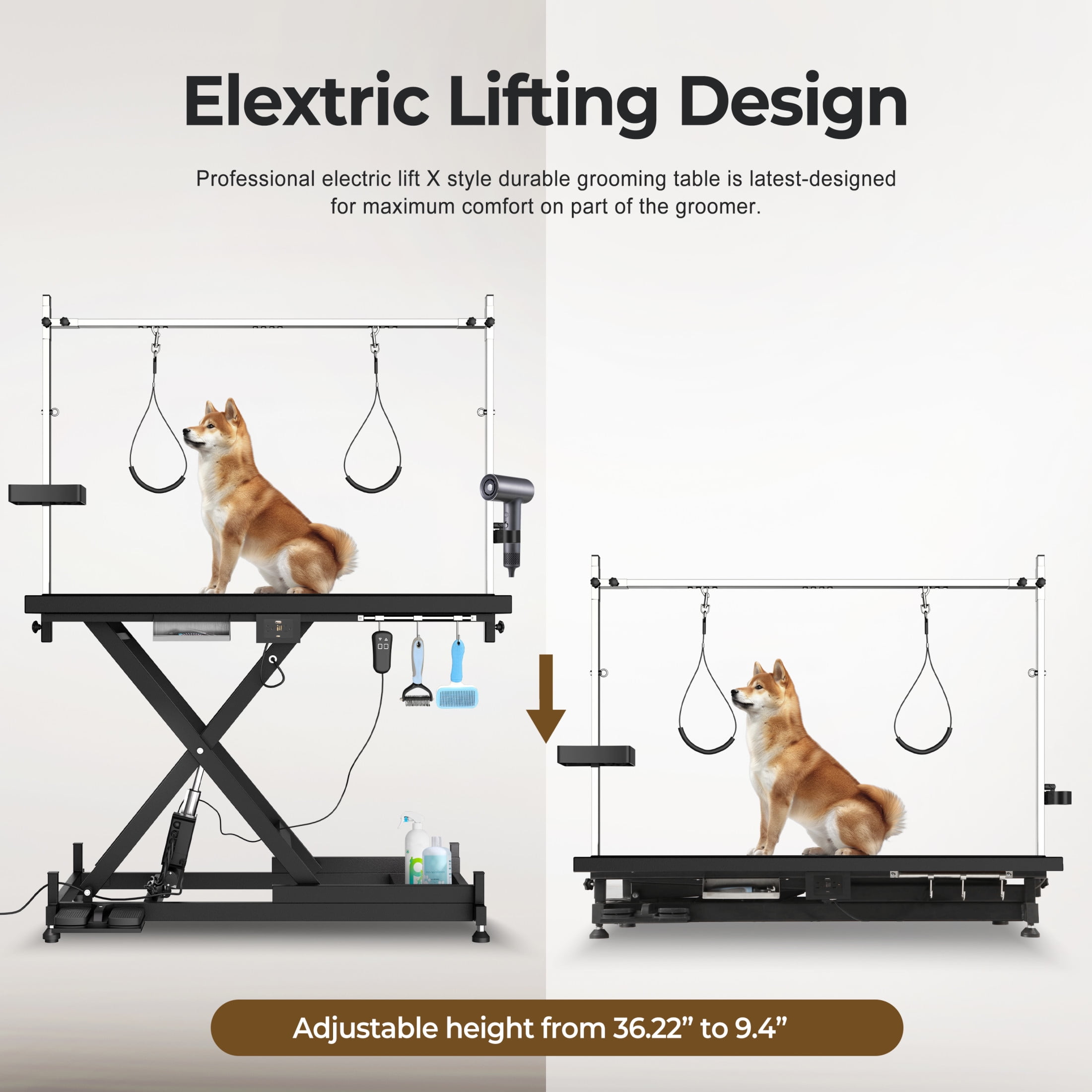 Noble House Professional Electric Pet Grooming Table, Height Adjustable, Heavy Duty Lift Table with Double Arms, Black