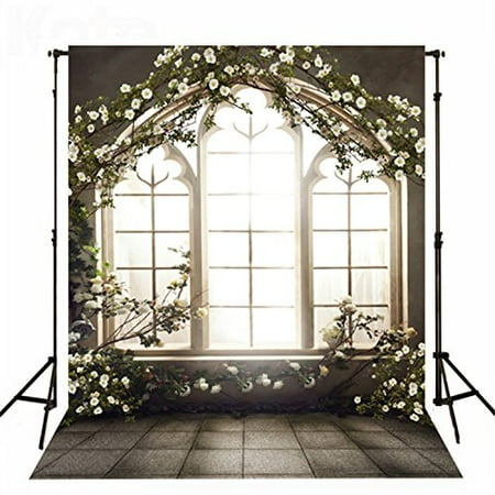 GreenDecor Polyster Flower Arch Indoor Wedding Photo Backdrop 5x7ft Photography Background Bright Windows Black Floor