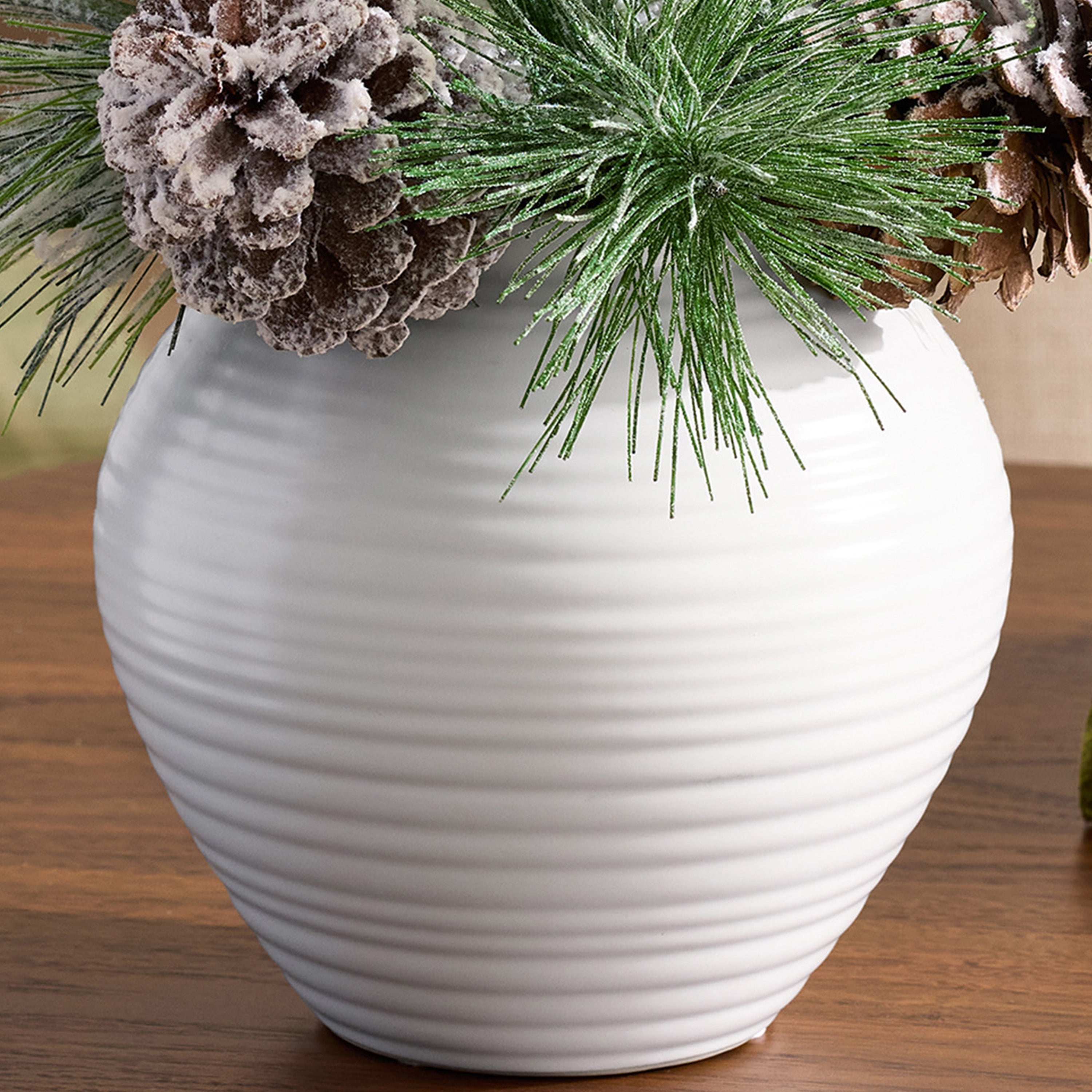 Better Homes & Gardens 13 in Artificial Frosted Pine in Ceramic Vase, Indoor, Green