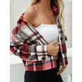 thumbnail image 3 of Lentta Women's Fashion Cropped Flannel Wool Blend Plaid Shacket Long Sleeve Button Down Jackets Coat (Red-S), 3 of 5