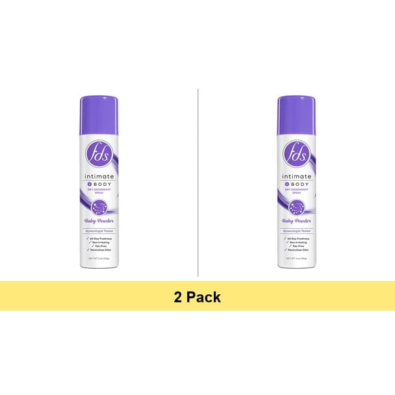 FDS Intimate Whole Body Dry Deodorant Spray, Baby Powder, 2 OZ - 2 Pack
