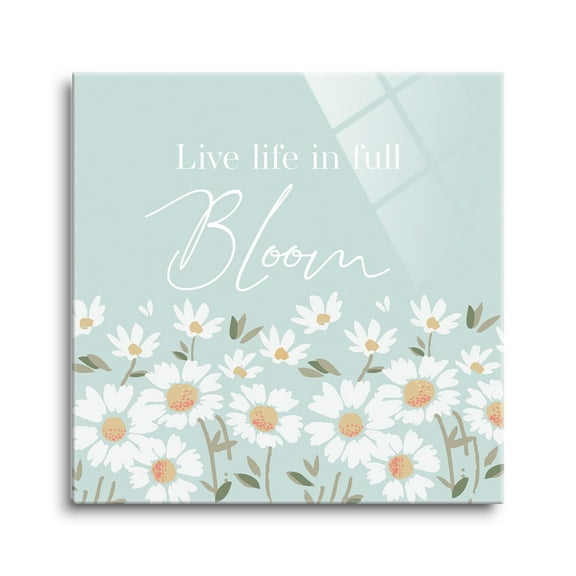 Live Full Bloom White Floral Soft Blue 8 x 8 Glass Wall Hanging Sign