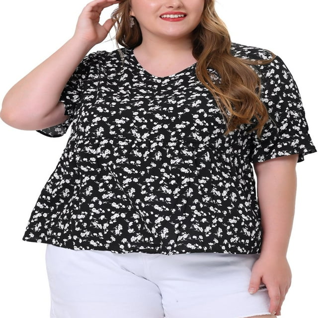 CHUANK Women‘s Plus Size Summer Floral Ruffle Sleeve Babydoll Blouses