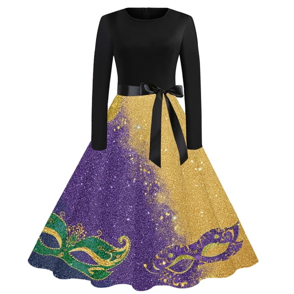 Hogleaql Women's Mardi Gras Dress Vintage Crew Neck Long Sleeve A-Line Carnival Mask Graphic Dresses Mesh Flowy Belted Comfy Dressy Costume Light Purple 2XL