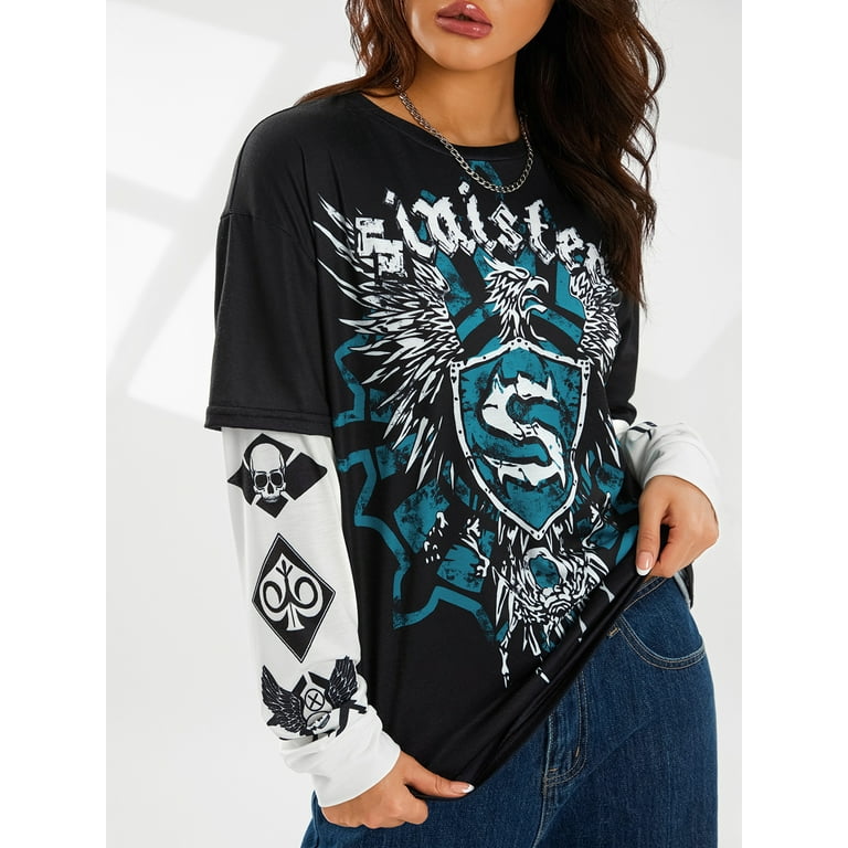 Elippeo Gothic Tops Women Vintage Graphic Print Patchwork