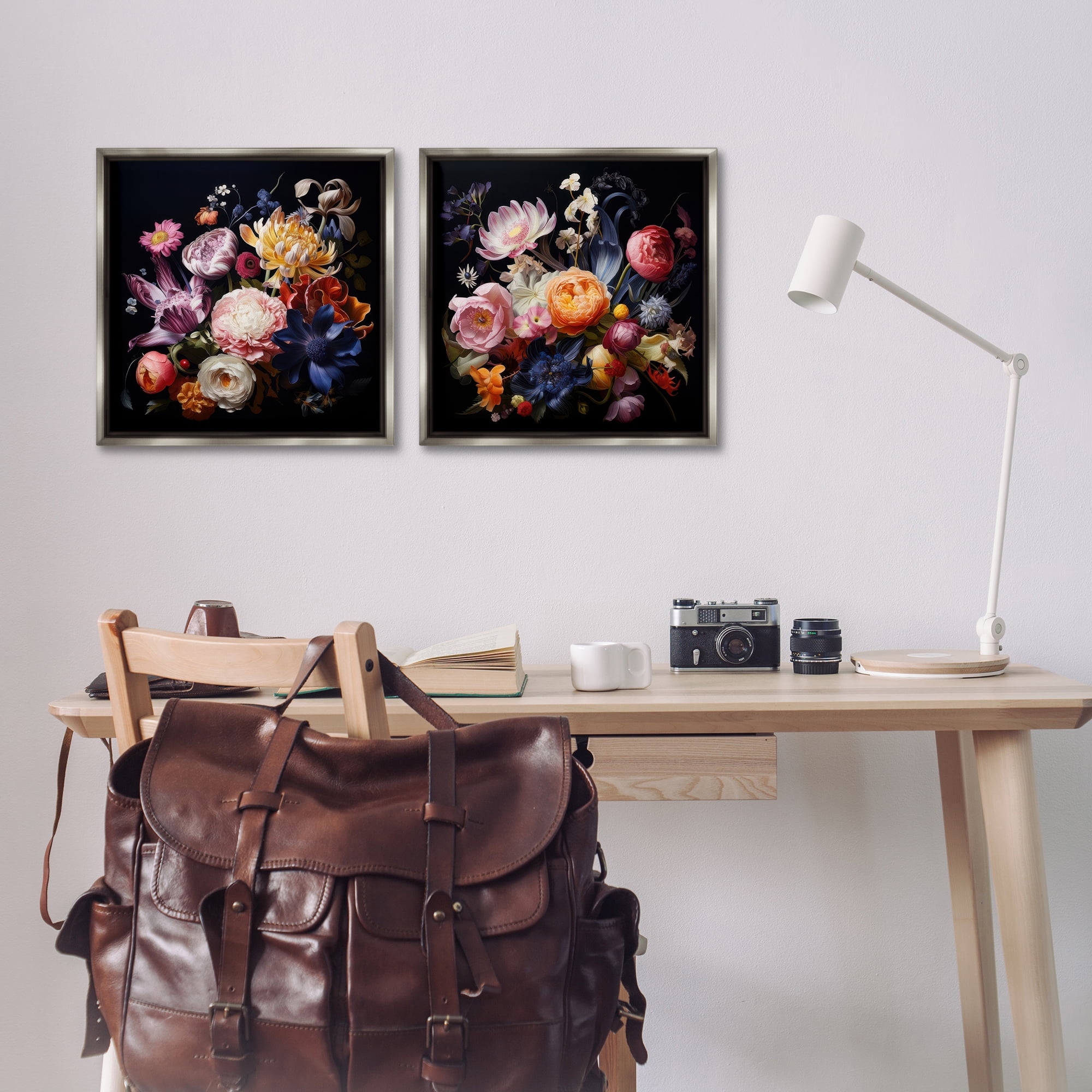 Stupell Industries Exquisite Floral Arrangement Plants & Flowers Painting Gray Floater Framed Canvas Art Print Wall Art, 18 x 18, Set of 2
