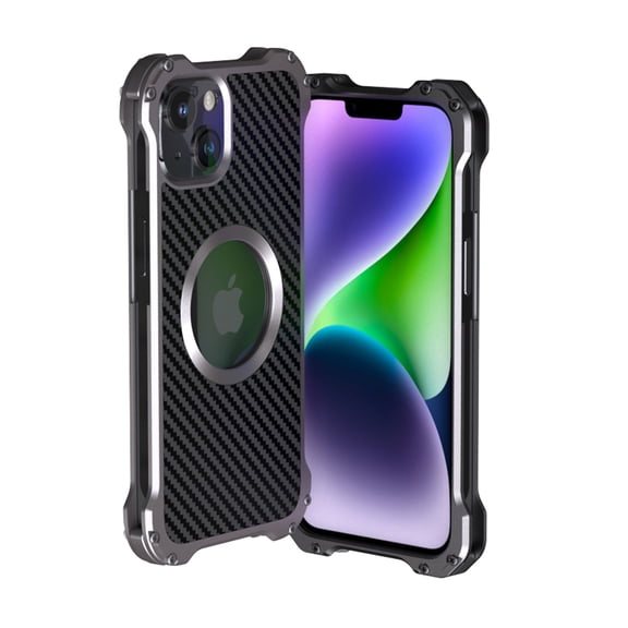 Rugged Metal Case for iPhone 15 Plus, Aluminum Alloy Bumper Carbon Fiber Back Case Compatible with Magsafe Wireless Charger, Slim Shockproof Lens Protection Cover, Gray