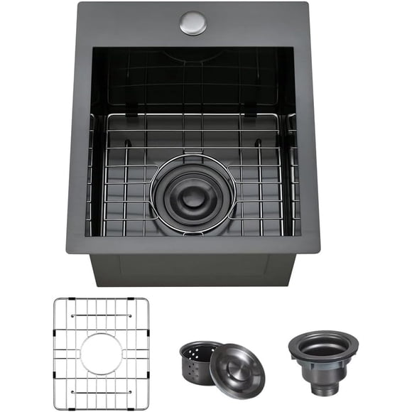 Évier de Bar à Déposer en Acier Inoxydable, Bol Simple, Évier de Cuisine, Petit, Montage Supérieur, Pouces, Évier de Bar Humide Profond pour Préparation Extérieure, Cour de VR, Buanderie, Utilitaire avec Grille à Vaisselle et Drain