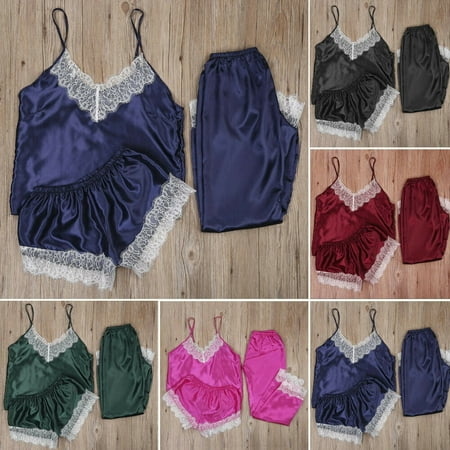 

wsevypo Women s Silk Satin Pajamas Set Sleeveless Tops & Shorts & Pants Sleepwear Pajamas